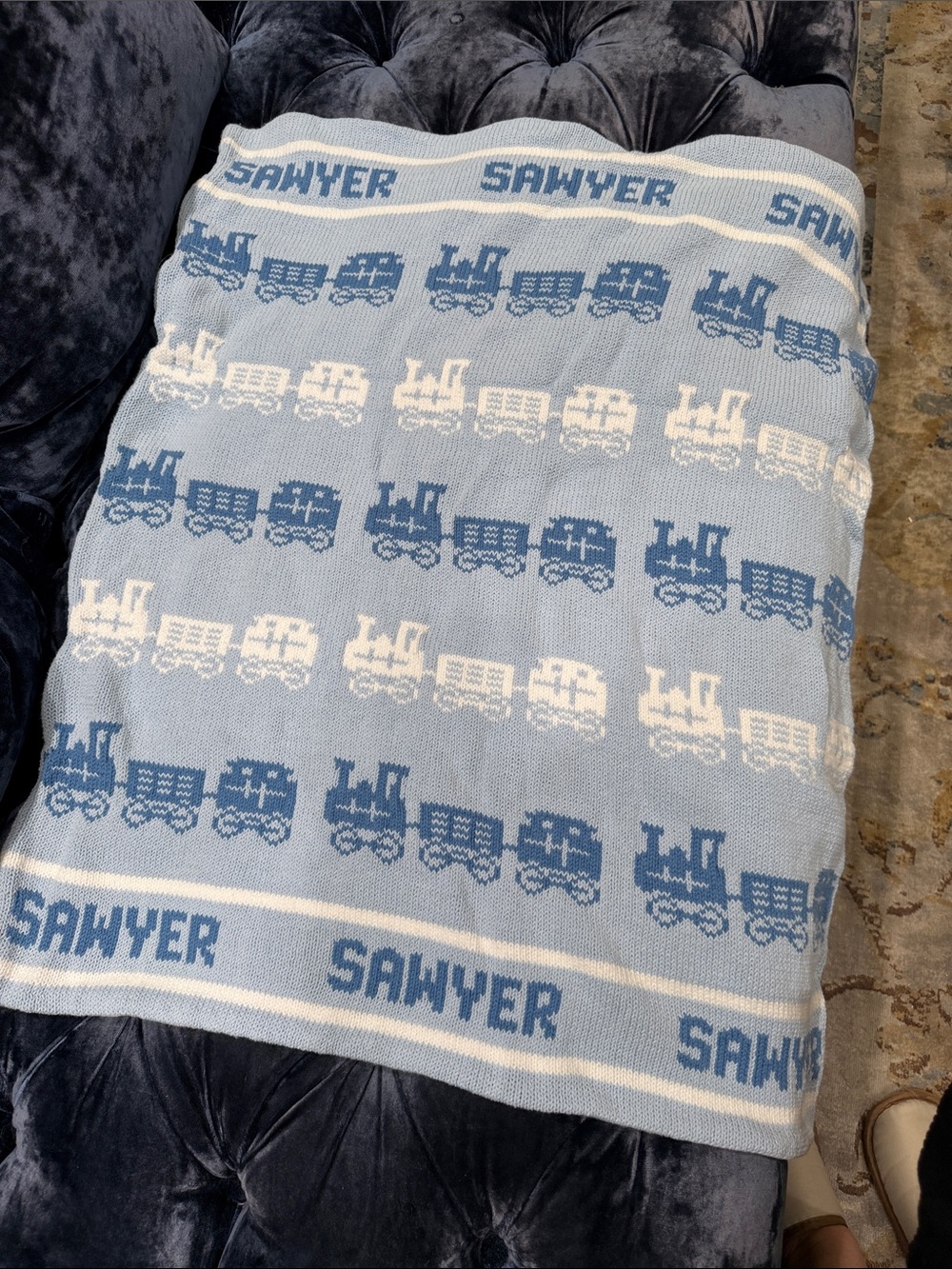Personalized Sawyer Blue & White Train Knit Baby Blanket 30x25” double side bab
